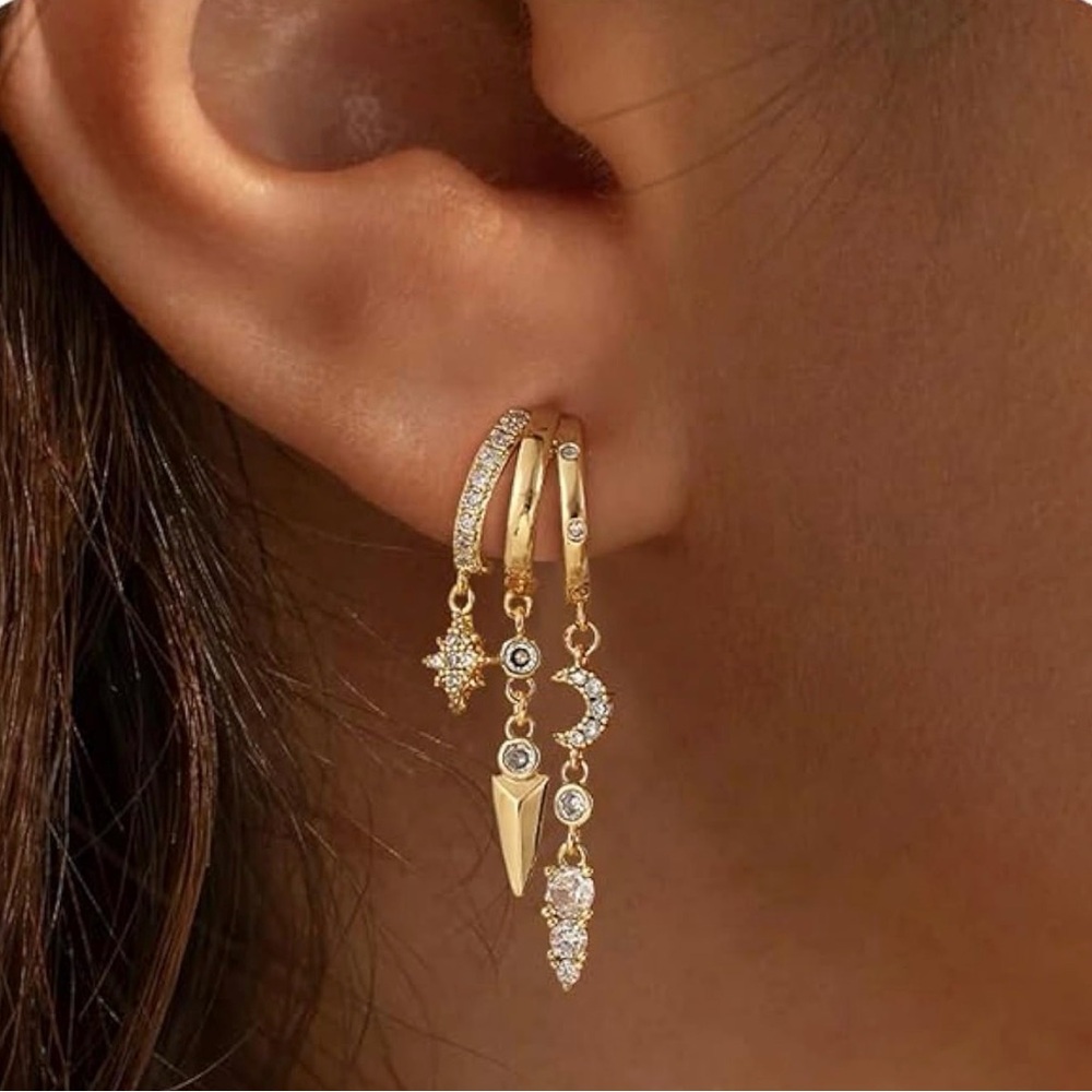 NEW 14k Gold Plated Triple Huggie Stud Earrings Dainty Drop Earrings